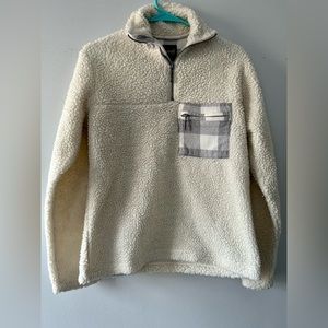 Fuzzy cream and gray plaid quarter zip